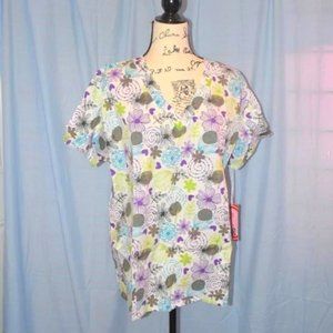 Daisy Floral Retro Medical Scrub Top XL Cotton Two Pockets Hearts Healthcare NEW